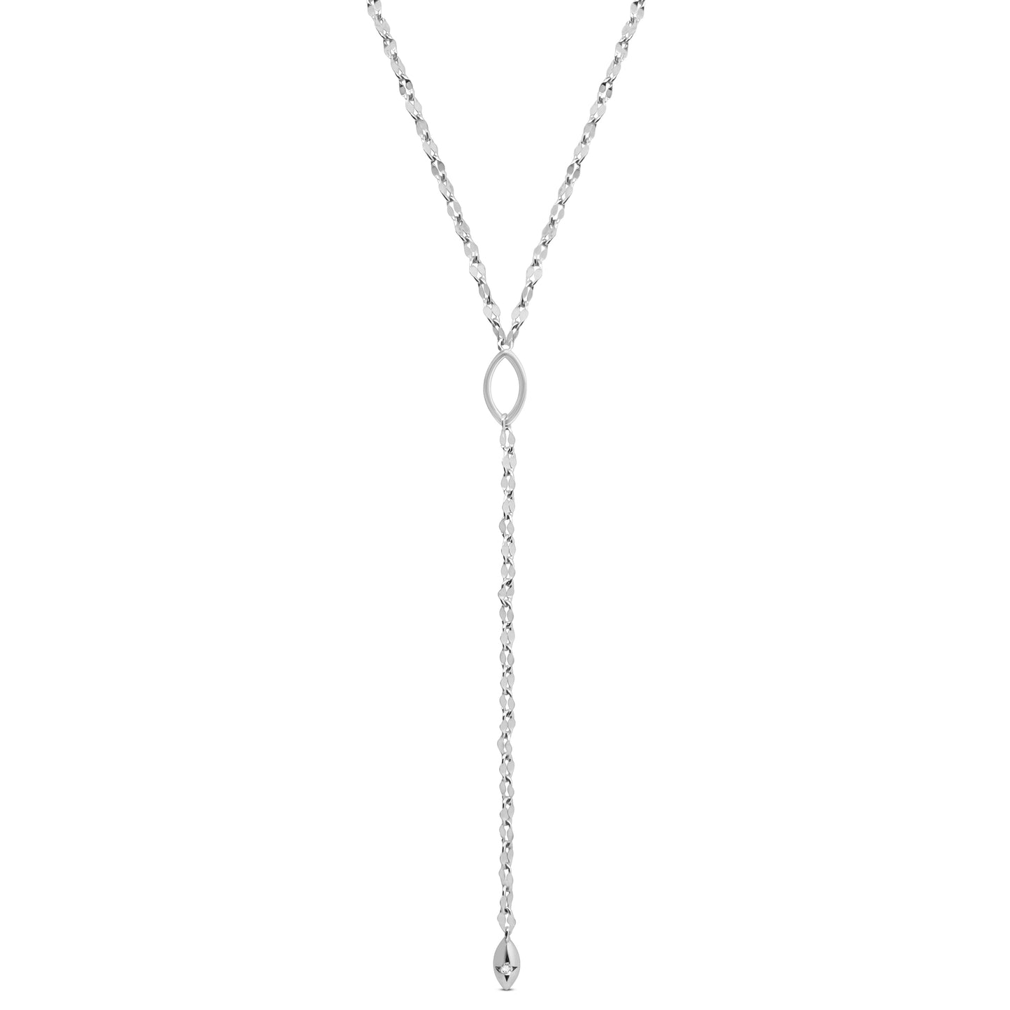 Silver y-necklace on a white background