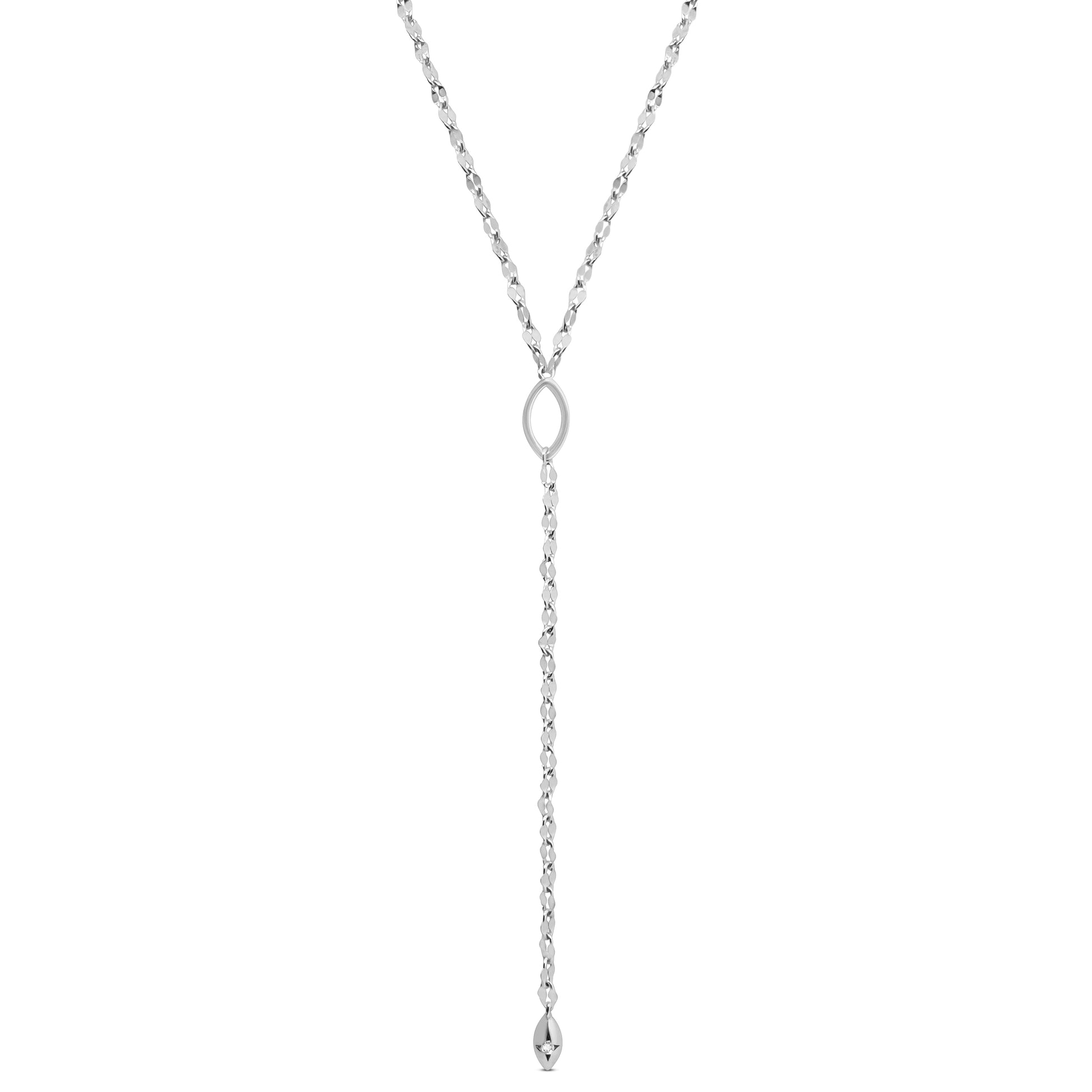 Silver y-necklace on a white background
