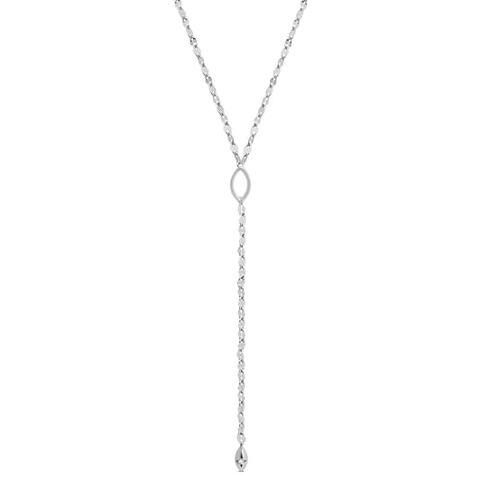 Silver y-necklace on a white background