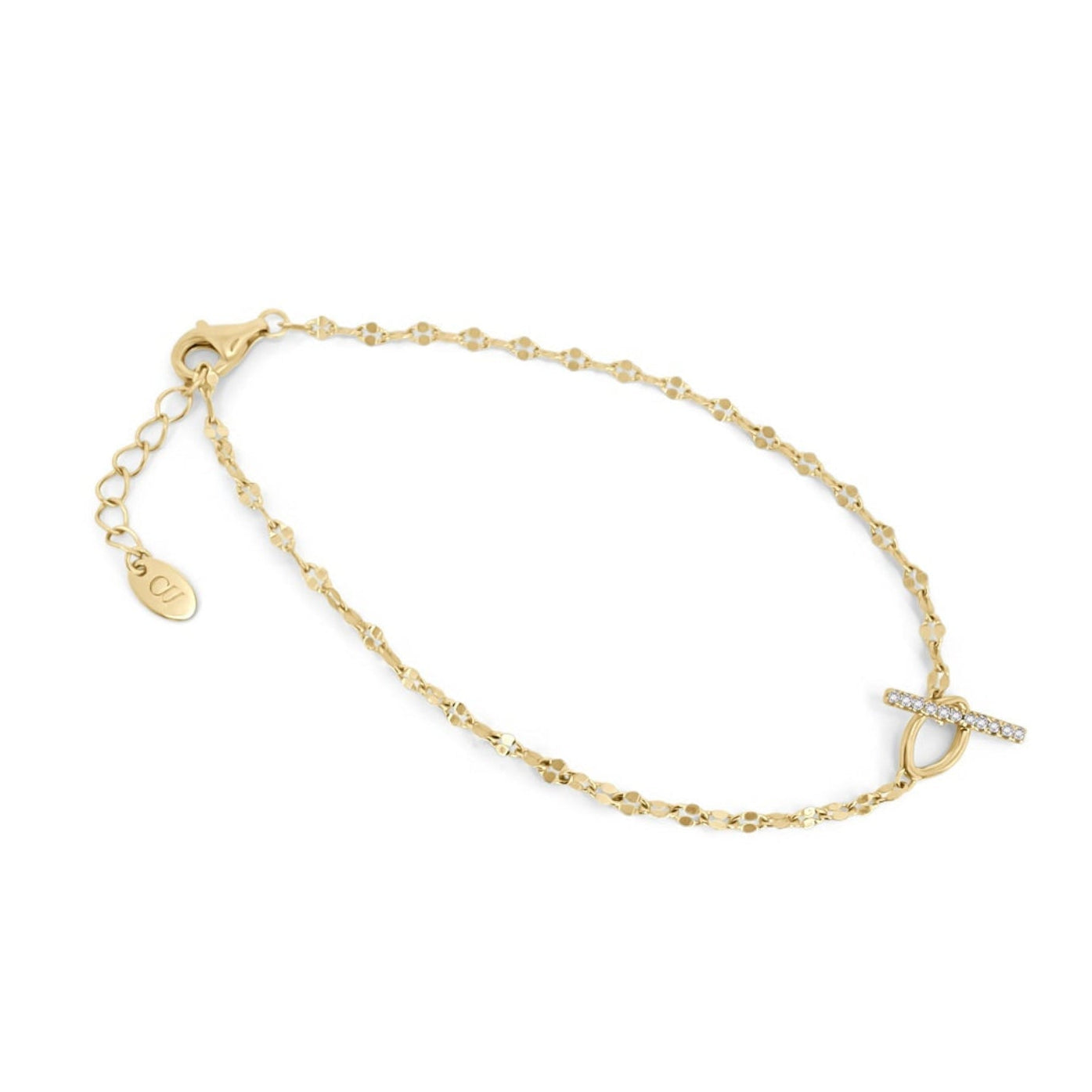 Gold bracelet with a cubic zirconia toggle t-bar on a white background