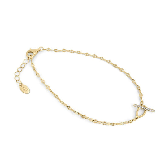 Gold bracelet with a cubic zirconia toggle t-bar on a white background