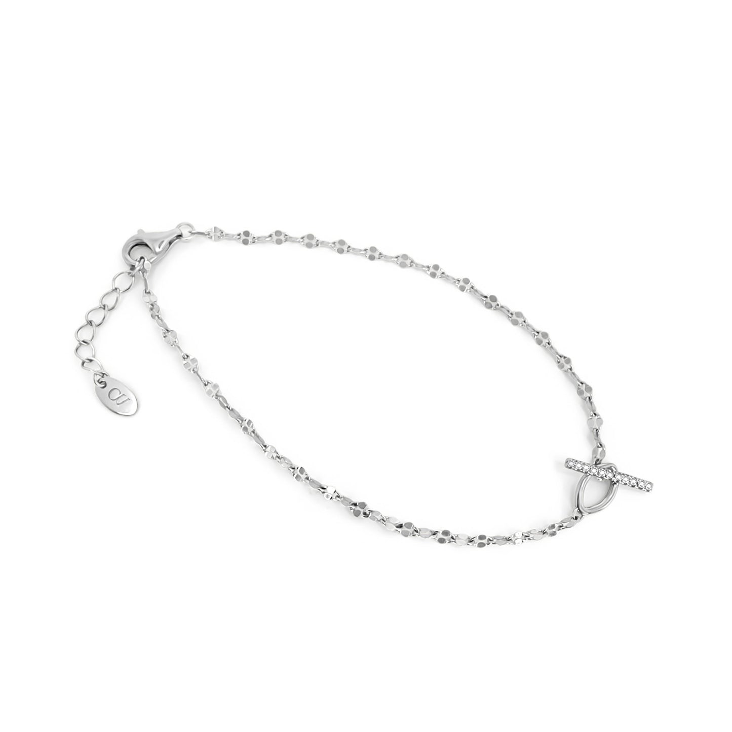 Silver bracelet with Cubic Zirconia Toggle t-bar on a white background