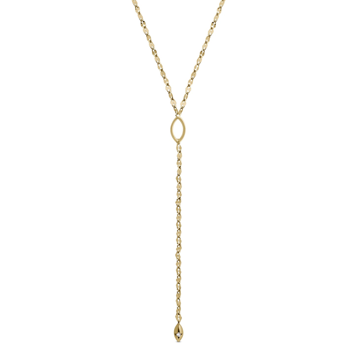 Gold necklace with a y-shaped pendant on a white background