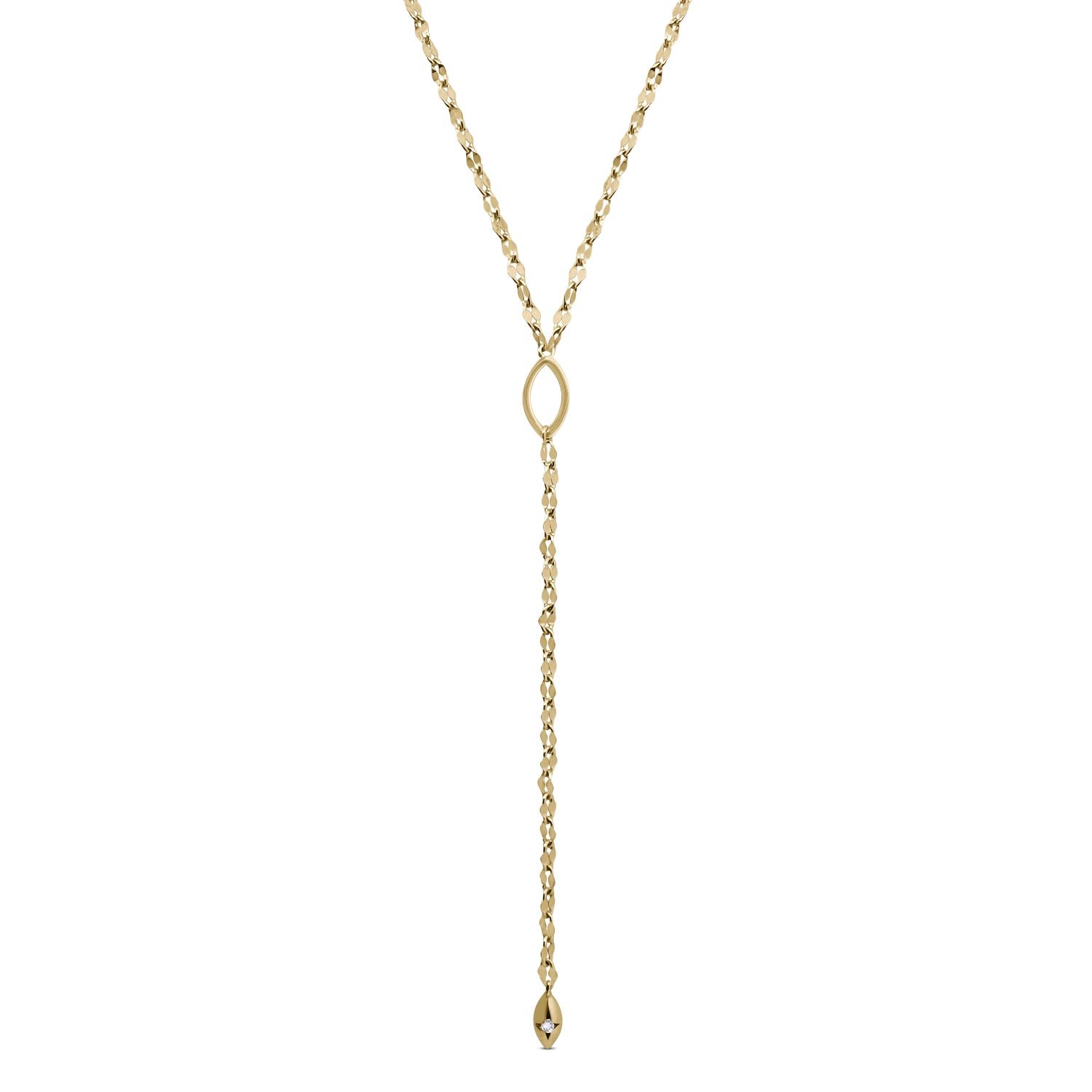 Gold necklace with a y-shaped pendant on a white background