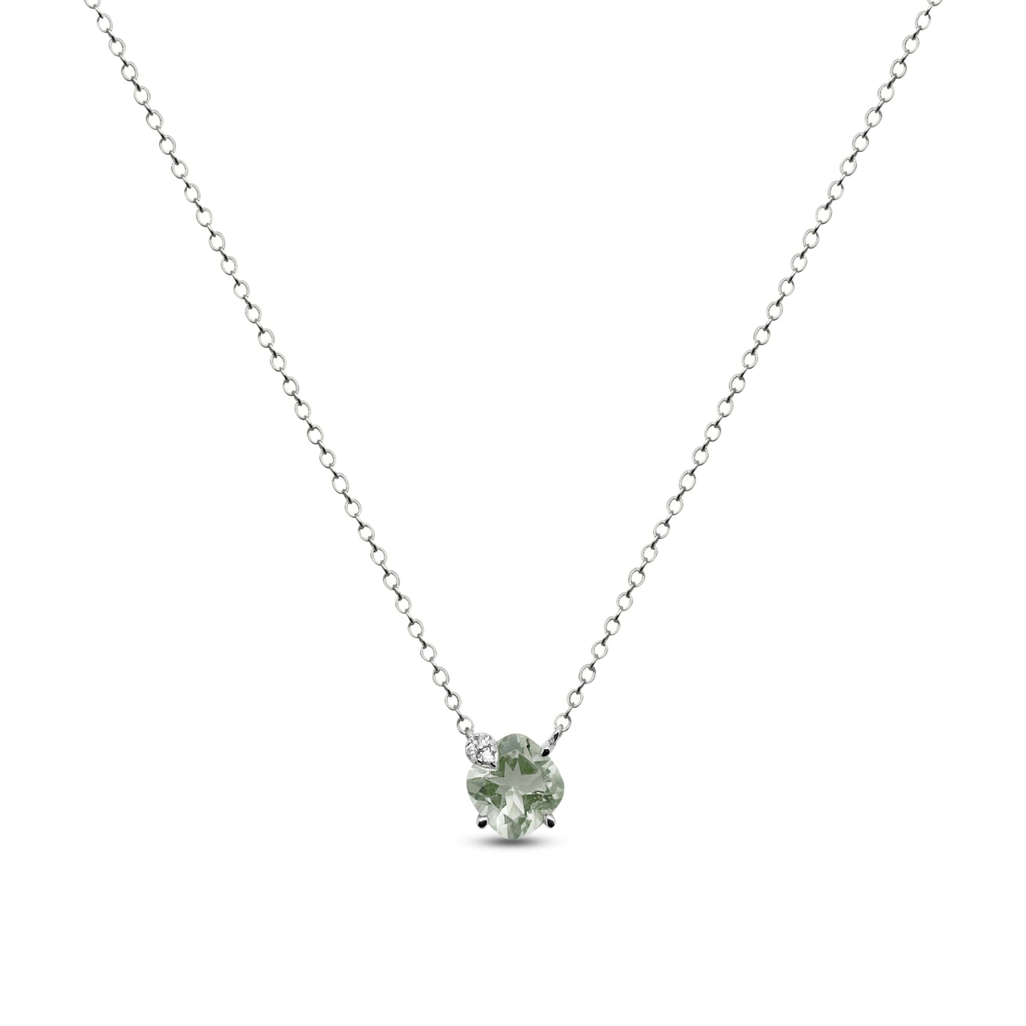 Necklace with a green amethyst gemstone pendant on a white background