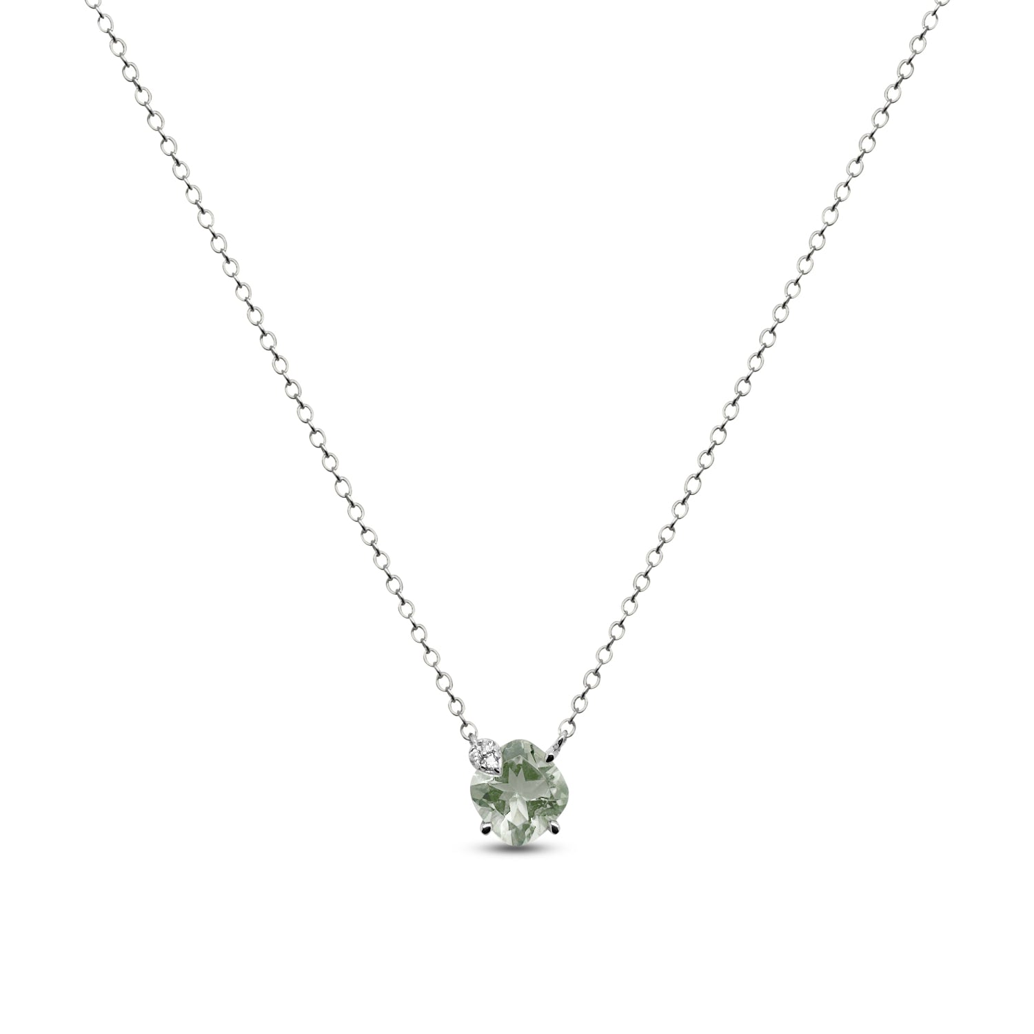 Necklace with a green amethyst gemstone pendant on a white background