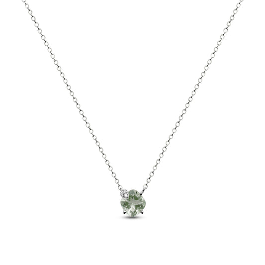 Necklace with a green amethyst gemstone pendant on a white background