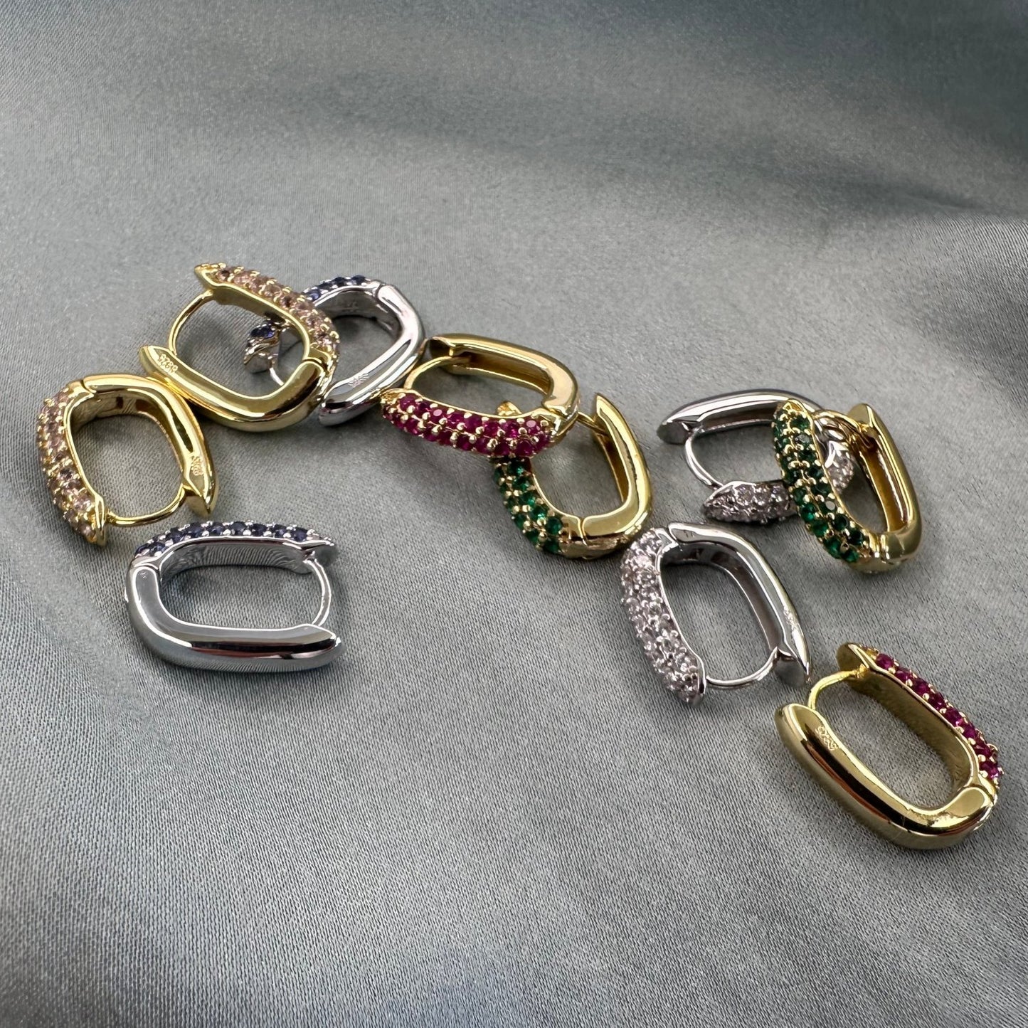 Aurae Oval Pave Gemstone Silver Small Hoop Earrings