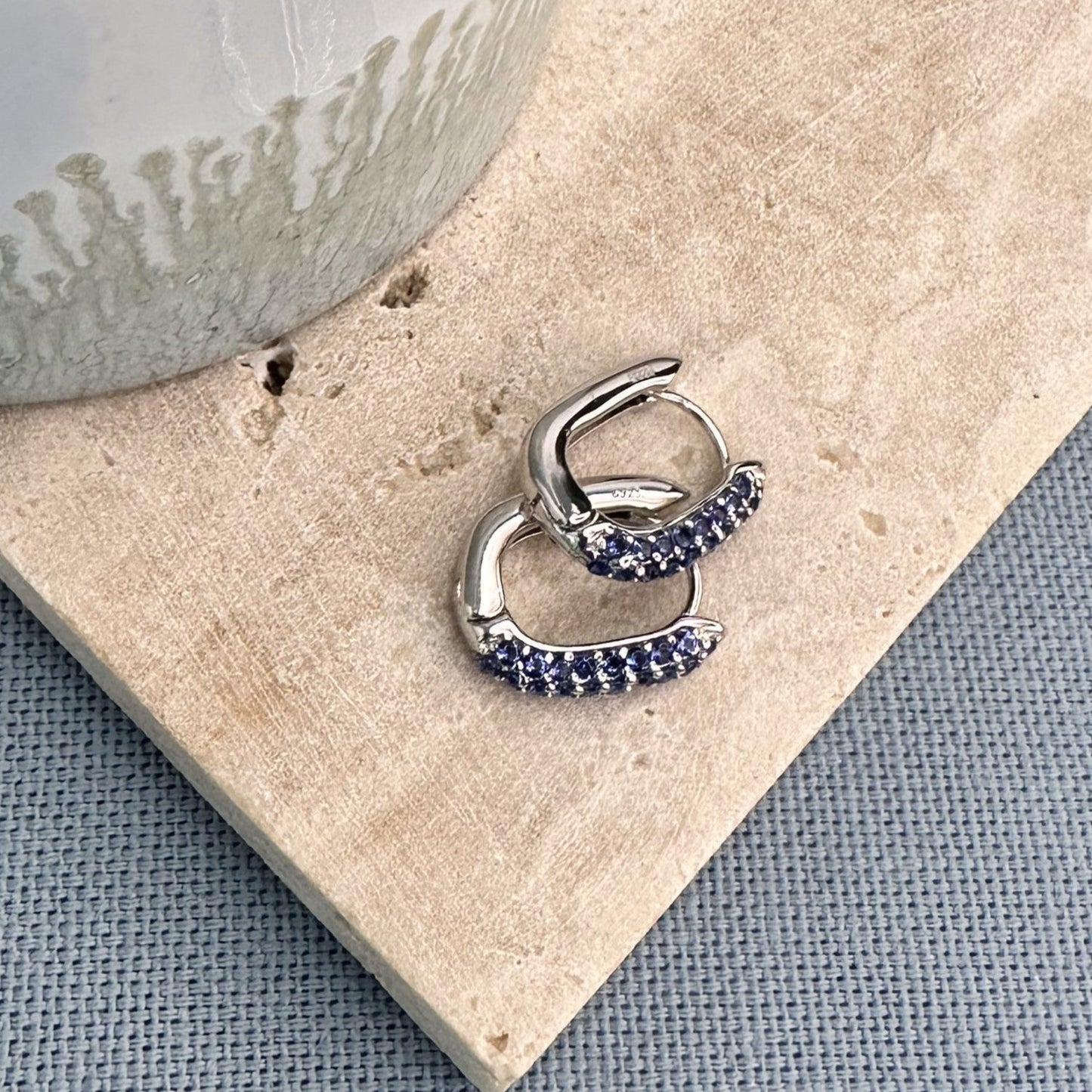 Aurae Oval Pave Gemstone Silver Small Hoop Earrings