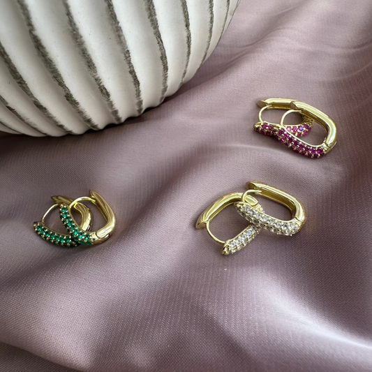 Aurae Oval Pave Gemstone Gold Small Hoop Earrings