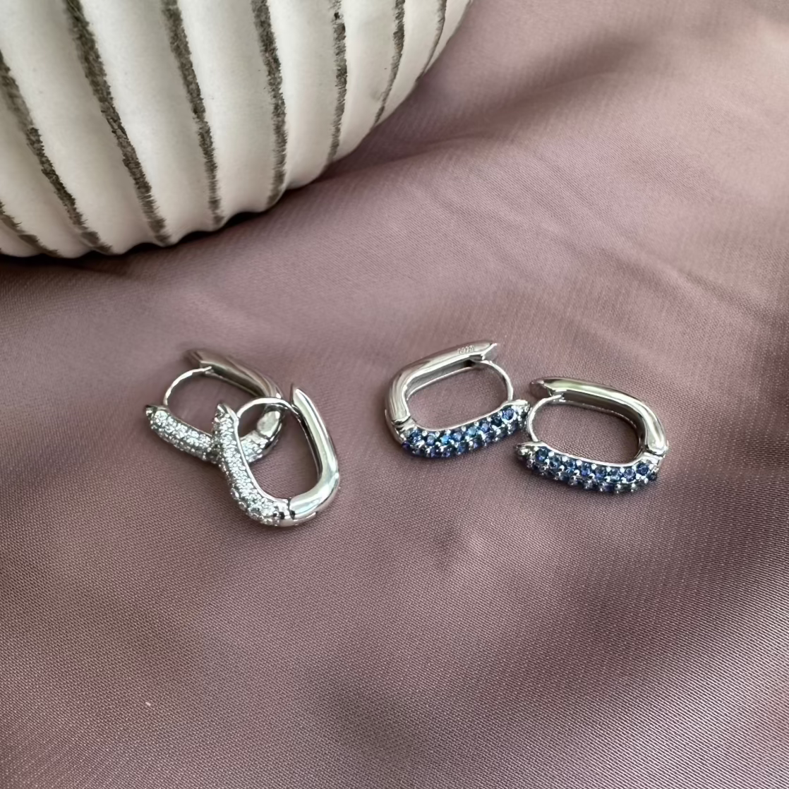 Aurae Oval Pave Gemstone Silver Small Hoop Earrings