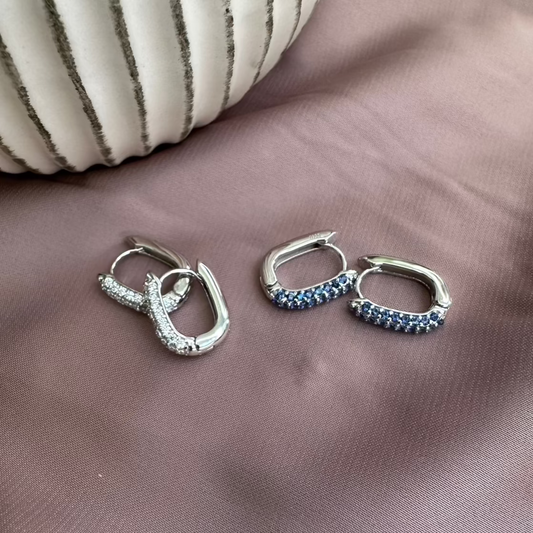 Aurae Oval Pave Gemstone Silver Small Hoop Earrings