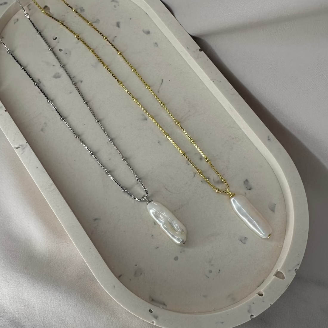 two baroque freshwater pearl pendants on ball chain for unique trend style of silver jewellery